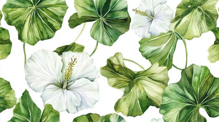 Fototapeta premium Watercolor seamless pattern of white hibiscus flowers and green leaves on white background.
