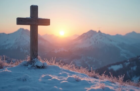 Wooden cross on snow-covered hillside. Winter sunset creates serene scenery with mountains in background. Religion, spirituality, faith, hope, peace, nature beauty. Ideal for postcards, posters,