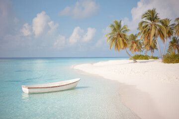 serene tropical island scene featuring solitary vessel on shore