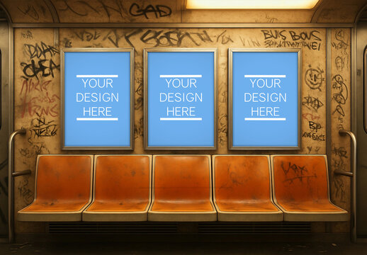Triple Subway Poster Mockup With Graffiti And Orange Seats