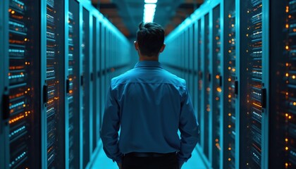 Data center technician inspects servers in server room. Person in blue shirt assesses computer hardware, data storage. specialist works on data security, information technology, computer network
