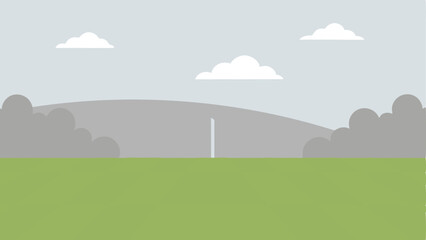 Fototapeta premium Simple landscape scene featuring green field clouds and sky in a minimalist design