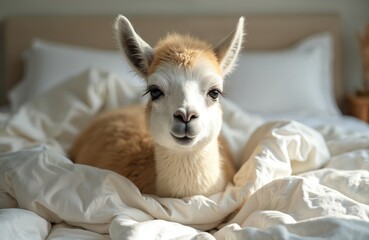 Funny llama portrait on a bed. Cute farm animal with sleepy face expression. Happy llama relaxing, lying, resting in cozy bedroom. Woolly alpaca looks straight, good mood in morning, humor, meme.