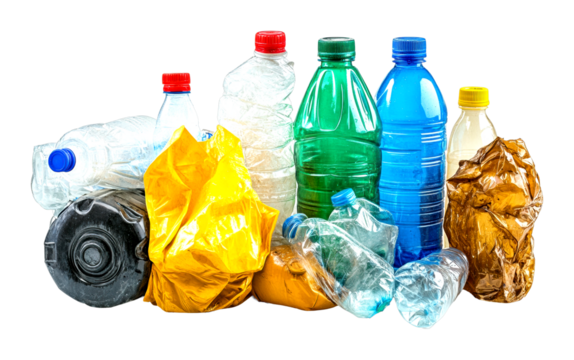 Recycling initiative plastic bottles and waste urban setting awareness cut out on transparent background