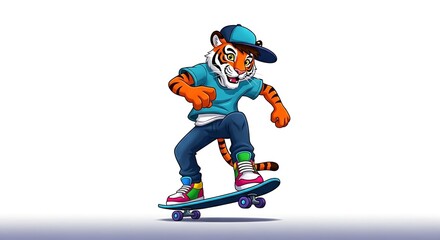 Teen cartoon tiger wearing a cap backwards and colorful sneakers, riding a skateboard. Urban and energetic style on white background.
