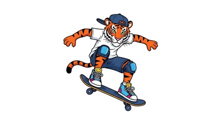 Teen cartoon tiger wearing a cap backwards and colorful sneakers, riding a skateboard. Urban and energetic style on white background.