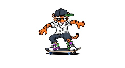 Obraz premium Teen cartoon tiger wearing a cap backwards and colorful sneakers, riding a skateboard. Urban and energetic style on white background.