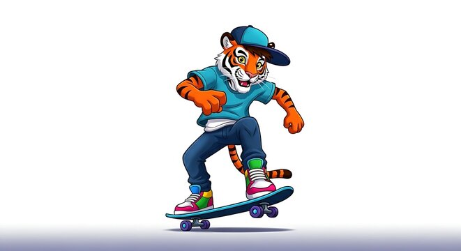 Teen cartoon tiger wearing a cap backwards and colorful sneakers, riding a skateboard. Urban and energetic style on white background.