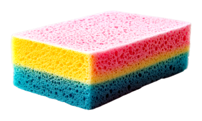 Cleaning action with colorful sponge home kitchen product bright environment close-up view cut out on transparent background