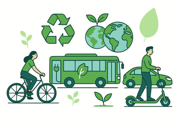 Eco friendly mobility and sustainable transport concept. Vector illustration set with people, electric car, bus, scooter, bicycle. Green energy, recycling, earth conservation icons.