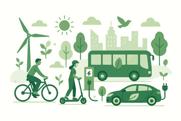 Eco-friendly mobility and green energy vector concept. Sustainable city transport illustration with electric car, e-bus, bicycle, scooter. Urban ecology and environmental conservation.