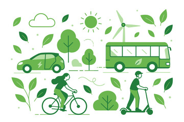 Eco friendly mobility concept. Green transport vector illustration. Sustainable city life with electric car, bus, scooter, and bicycle. Renewable energy and environment care.