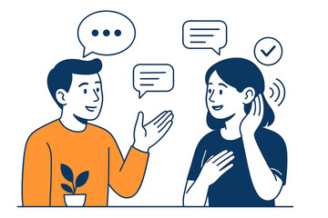 Active listening vector illustration. Woman listening with empathy to a man speaking. Concept of communication, dialogue, understanding, support, coaching and therapy session. Psychology.