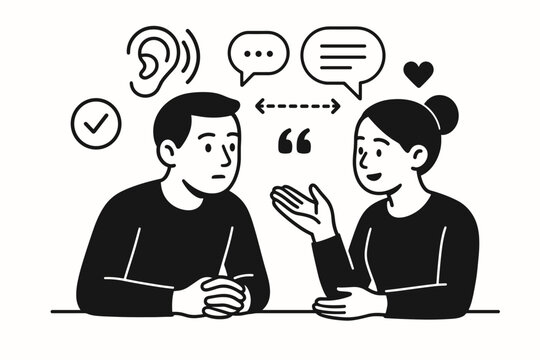 Active listening concept with man and woman in dialogue. Vector illustration showing empathy, understanding, and effective communication skills. Psychology, therapy, and support icon set.