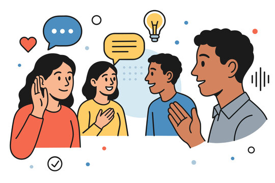 Active listening concept. Group of people engaged in empathetic communication. Dialogue, discussion, and understanding. Teamwork, support, soft skills, psychology, feedback concept.