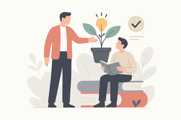 Obraz premium Mentorship, coaching and personal growth concept. Mentor guiding student for professional development. Man reading on books. Plant with lightbulb as idea and knowledge metaphor.