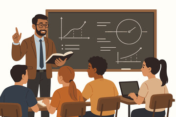 University professor teaching diverse students in a classroom. Male lecturer explains graphs on a blackboard during a lesson. Higher education, college learning, and knowledge concept.