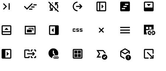 Black and white icons set featuring arrows, squares with plus signs, and simple shapes for clear design use in graphic software.