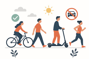 Active transportation concept. People walking, cycling, running, and riding an electric scooter. Car free day for sustainable mobility and a healthy, eco-friendly urban lifestyle.