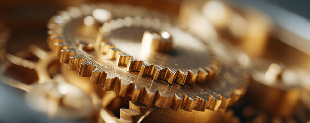 Macro shot of intricate golden gears, symbolizing precision and interconnectivity. Ideal for illustrating concepts like teamwork, innovation, and complex systems.