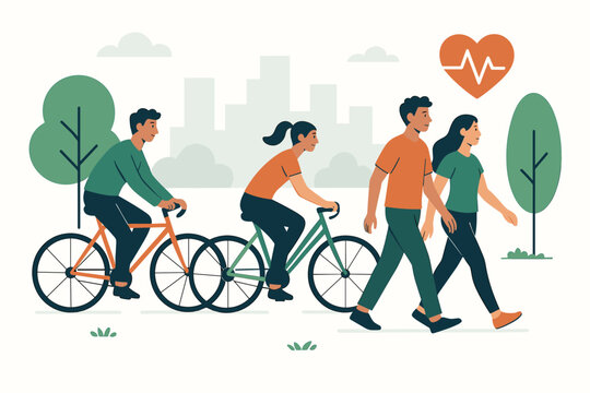 Active transportation concept with people walking and cycling in city park. Vector illustration of a healthy lifestyle with outdoor exercise, fitness, and cardiovascular health.