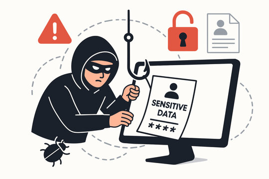 Cyber security concept of a phishing attack. Hacker stealing sensitive data and passwords from a computer. Data breach, internet fraud, identity theft, malware, and privacy risk vector.