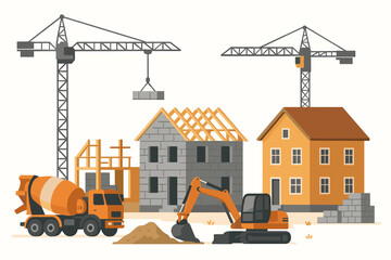 Building new homes concept. Construction site showing houses in different stages of completion. Vector illustration with crane, excavator, cement truck for real estate industry.