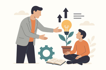 Mentorship and growth concept vector illustration. Business coach training employee. Guidance, support for career development. Nurturing idea, innovation, potential and success.