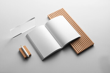 Corporate identity stationery mockup isolated on a sleek modern background, showcasing branding elements, sharp lines, minimalistic design, soft shadows. 3D design. Branding corporativo mockup