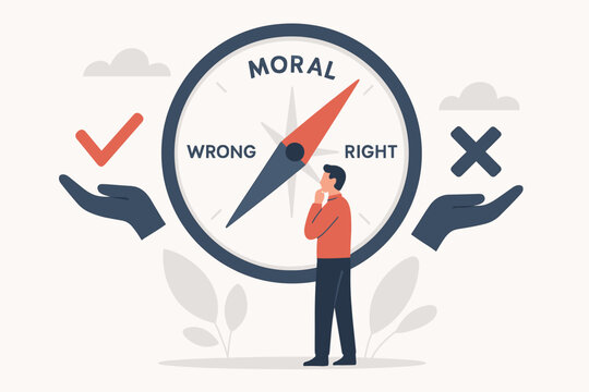 Moral compass concept. Man making a choice between right and wrong. Ethical dilemma and decision making vector illustration. Integrity, values, principles and conscience allegory.