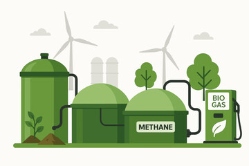 Biogas production plant concept vector illustration. Renewable energy from biomass, methane gas. Sustainable technology with digester, fuel pump, and wind turbines. Eco-friendly power.