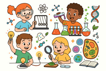 Cute cartoon kids doing science experiments. Children in class learning chemistry, physics, biology. STEM education vector illustration set for school, laboratory, and discovery concepts.