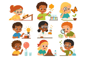 Kids science experiments set. Cartoon children scientists learning in school lab. Fun educational activities in physics, chemistry, biology. STEM discovery vector illustration collection.