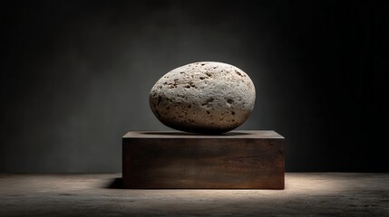Unique Stone on Wooden Display in Dim Lighting