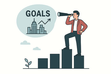 Businessman looking through a telescope at future goals. Career ambition and vision concept. Man climbing bar chart stairs towards success. Business strategy and growth vector.