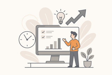 Fototapeta premium Productivity and time management concept. Business person analyzing data on computer screen. Workflow optimization, project management and efficiency for business growth and success.