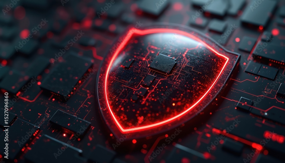 Poster abstract shield icon represents cyber threat prevention. dynamic design with red black elements. dig