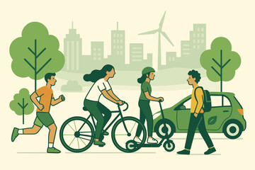 Eco-friendly urban mobility in a green city. People jogging, riding a bicycle, and using an electric scooter. Sustainable transportation, healthy lifestyle, and clean energy concept.