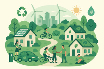 Sustainable community illustration with people in an eco-friendly lifestyle. Green energy concept with solar panels, wind turbines, and an electric car. Environmental conservation.
