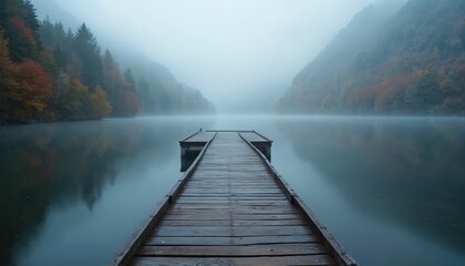 Obraz premium Wooden pier leads calm lake surrounded by misty autumn foliage, shrouded fog. Serene tranquil scene offers peaceful contemplation. Pathway through water, exploring outdoors, vacation holiday travel