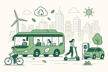 Sustainable urban mobility concept. Green city transport with electric bus, car charging station, scooter and bicycle. Eco friendly lifestyle and renewable energy vector illustration.