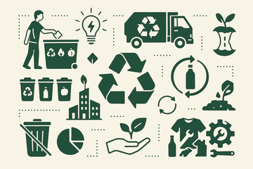 Waste management solutions and recycling vector icon set. Sustainability and ecology symbols. Concepts for circular economy, zero waste, green city, composting, and eco friendly life.