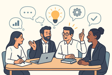 Business team collaboration concept. Diverse colleagues brainstorming ideas in a meeting. Teamwork, innovation, and creative problem-solving with icons. Strategy session.