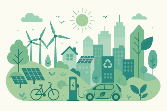 Sustainable green city concept with wind turbines, solar panels, and electric car. Eco friendly urban landscape with renewable energy and recycling. Vector illustration of the future.