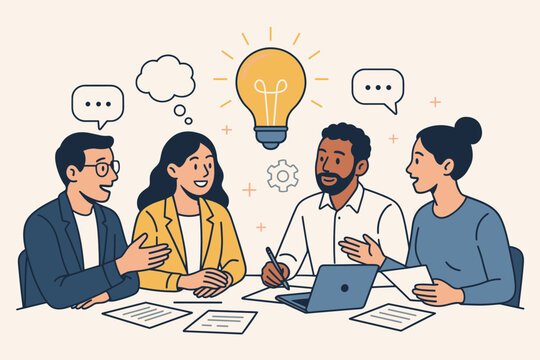 Business team collaboration concept. Diverse group of colleagues brainstorming in a meeting. Teamwork for new idea generation and creative solution. Lightbulb symbol for innovation. - Powered by Adobe
