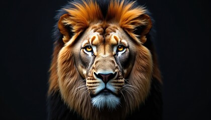 Fototapeta premium Close-up of lion face against black backdrop. Majestic big cat portrait shows powerful feline, fierce predator with intense gaze. Wild animal isolated on dark background. King of jungle concept.