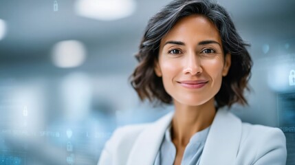 Fototapeta premium Confident Middle Eastern woman with curly hair smiles in modern office setting. Portrait of young professional showing poised and professional demeanor