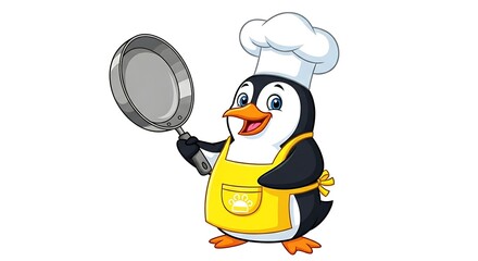 Happy cartoon penguin chef holding a frying pan and wearing an apron. Fun cooking character on white background.