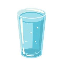 Cartoon drinking glass filled with clear blue water and air bubbles. Vector illustration on white background