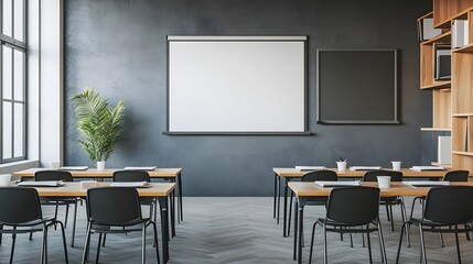 Classroom interior with tables and chairs.